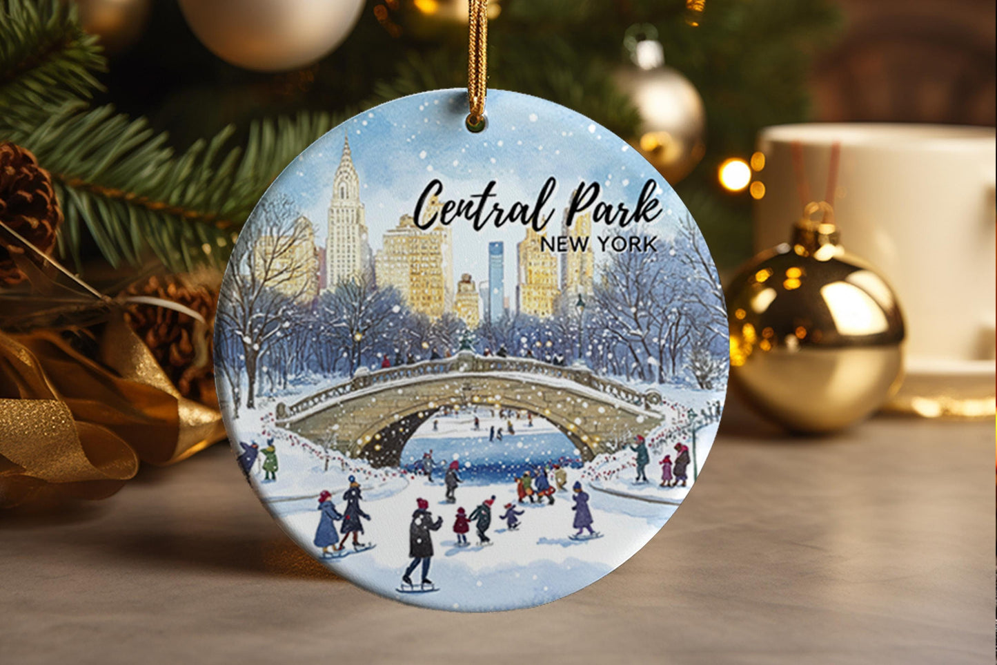 Central Park Bridge Ceramic Ornament: NYC Illustration Holiday Keepsake