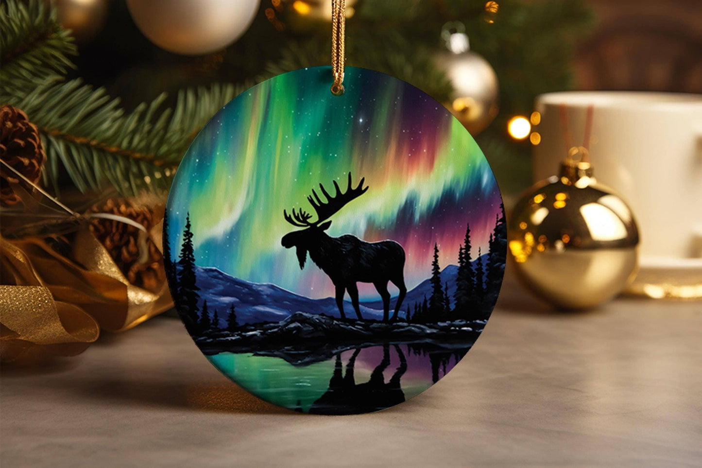 Northern Lights Moose Ornament: Handcrafted Ceramic Christmas Decoration