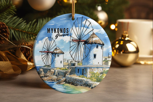 Mykonos Greece Ornament Windmills Cyclades Illustration Art Travel Souvenir Gift Unique Handmade Keepsake