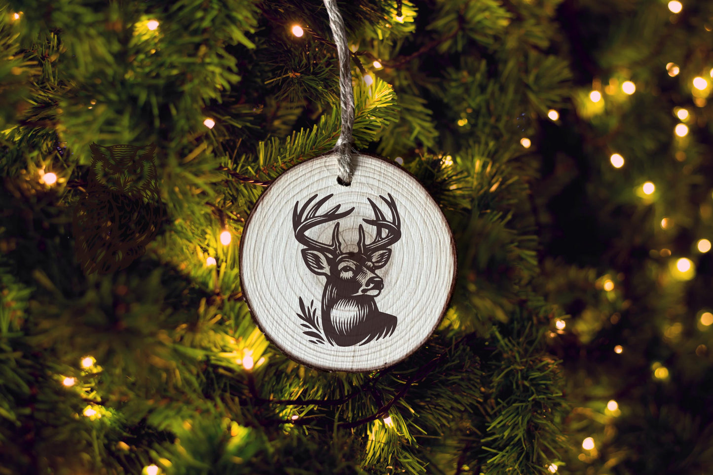 Engraved Deer Head Wood Slice Ornament, Personalized Christmas Gift