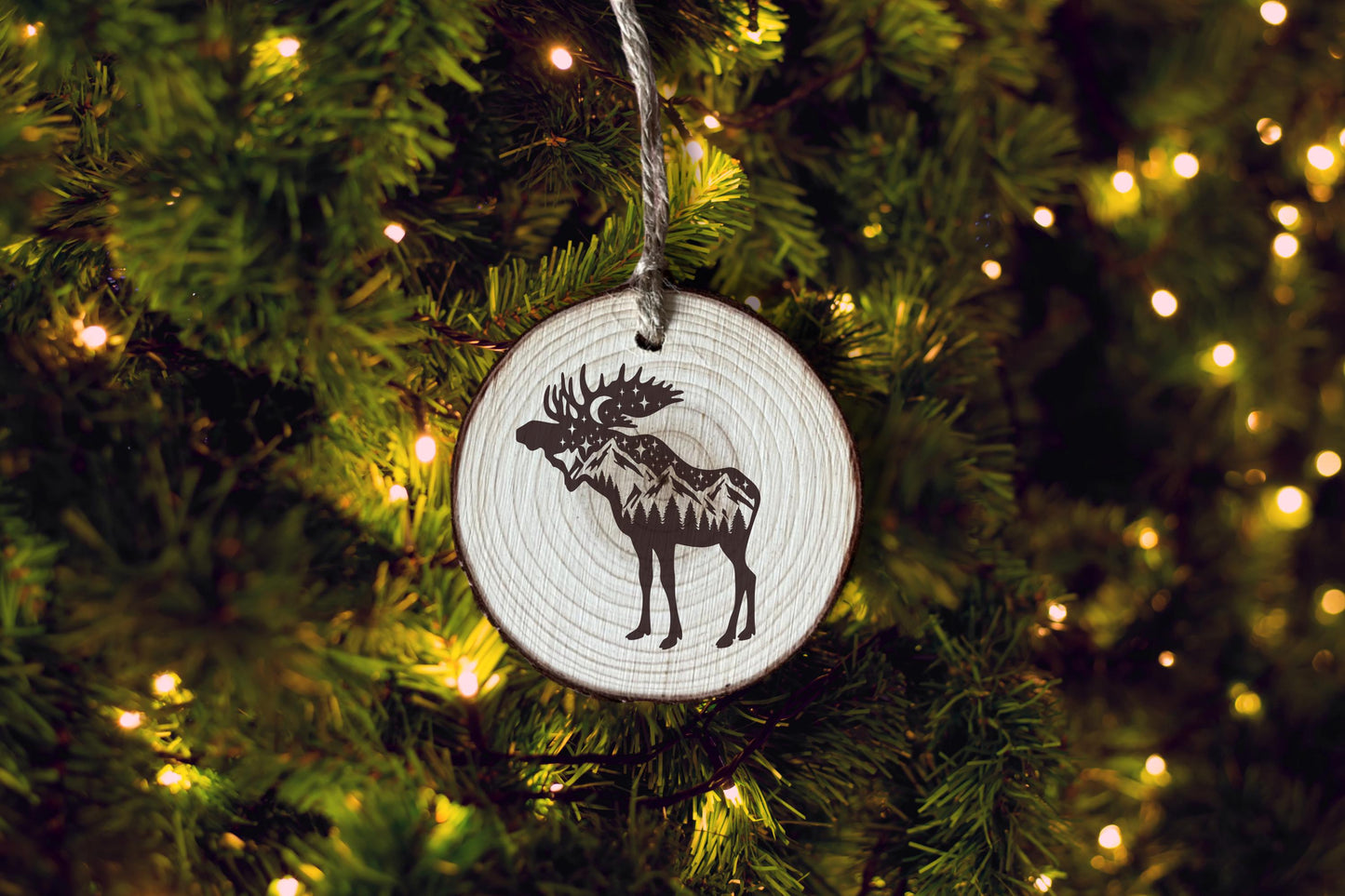 Engraved Moose Wood Slice Ornament: Personalized Rustic Christmas Decor