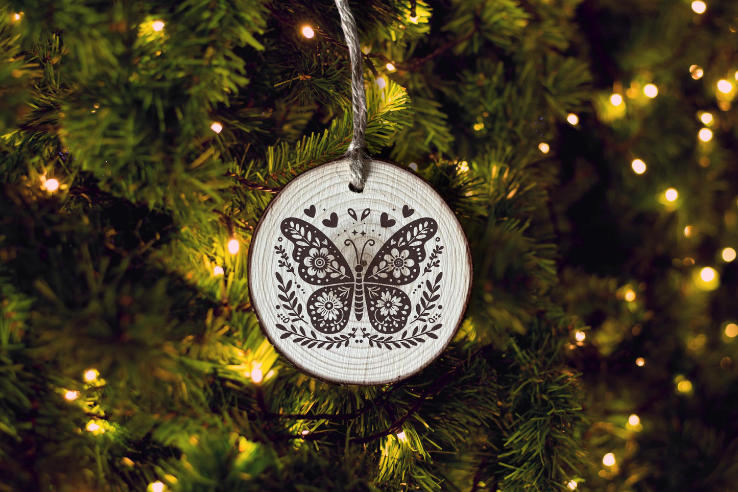 Personalized Butterfly Wood Slice Ornament: Laser Engraved Rustic Decor