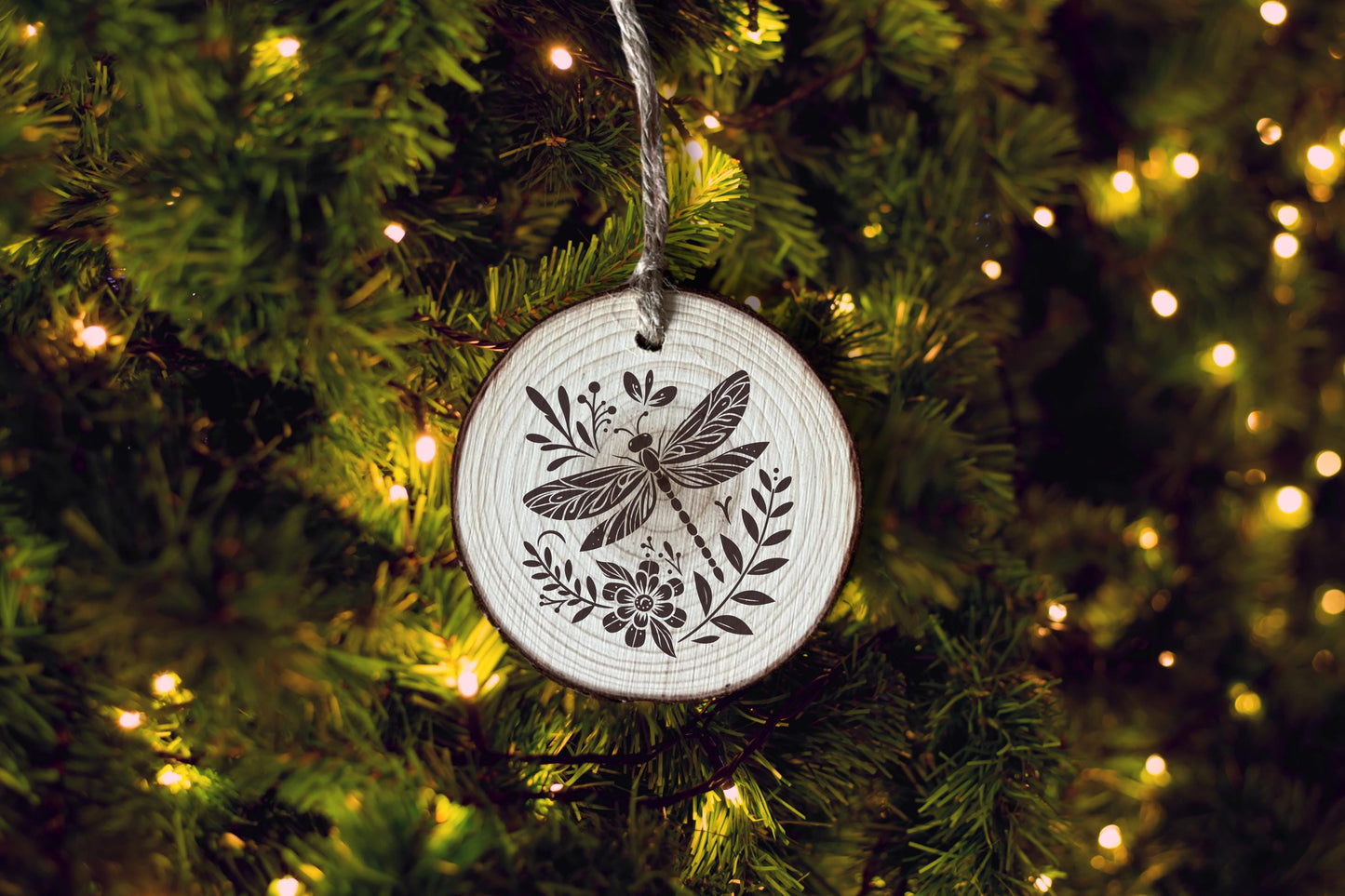 Personalized Floral Dragonfly Wood Slice Ornament: Laser Engraved Rustic Decor