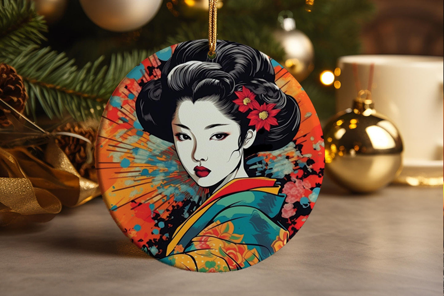 Japanese Geisha Girl Ceramic Ornament: Asian Decor Keepsake