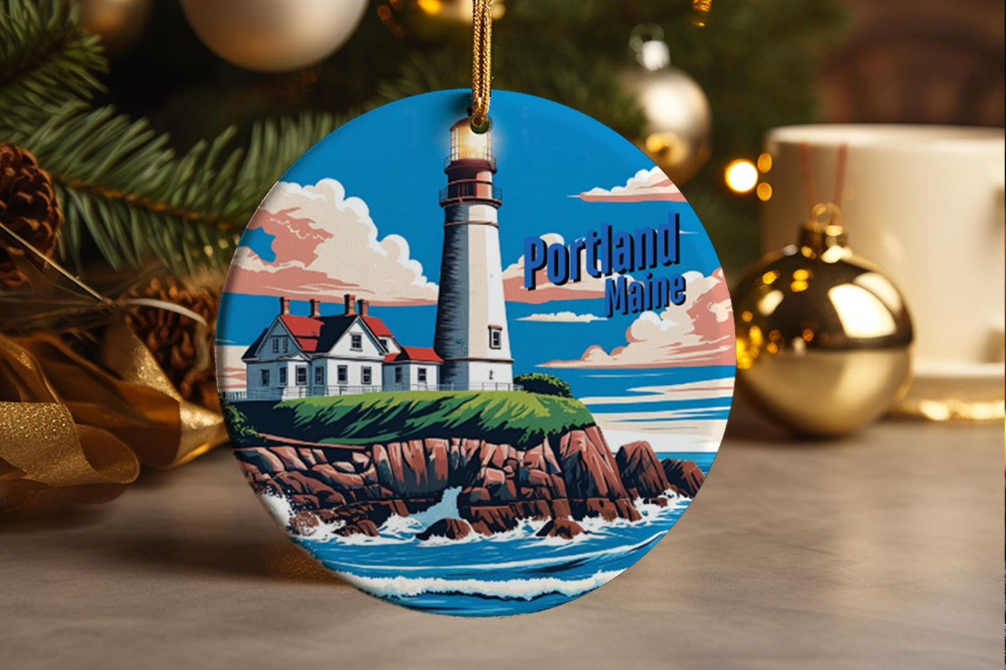 Portland Maine Ceramic Ornament: Coastal Travel Souvenir