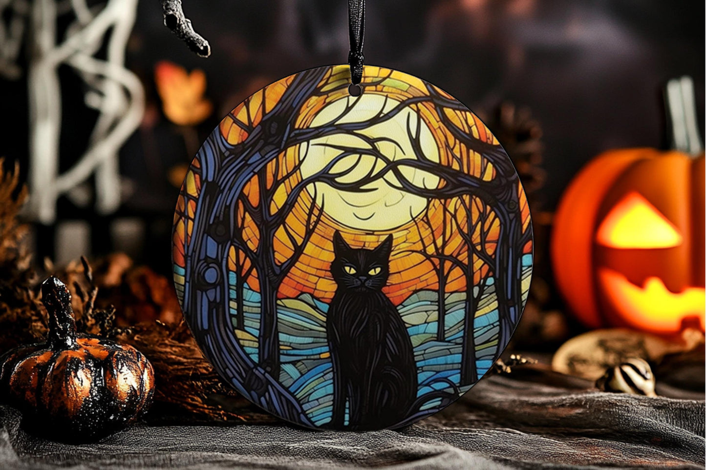 Black Cat Halloween Ornament: Spooky Stained Glass Inspired Ceramic Decor