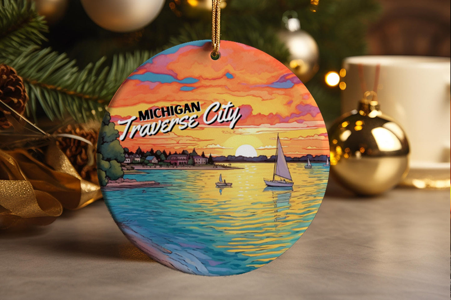 Traverse City Michigan Ornament: Ceramic Travel Souvenir