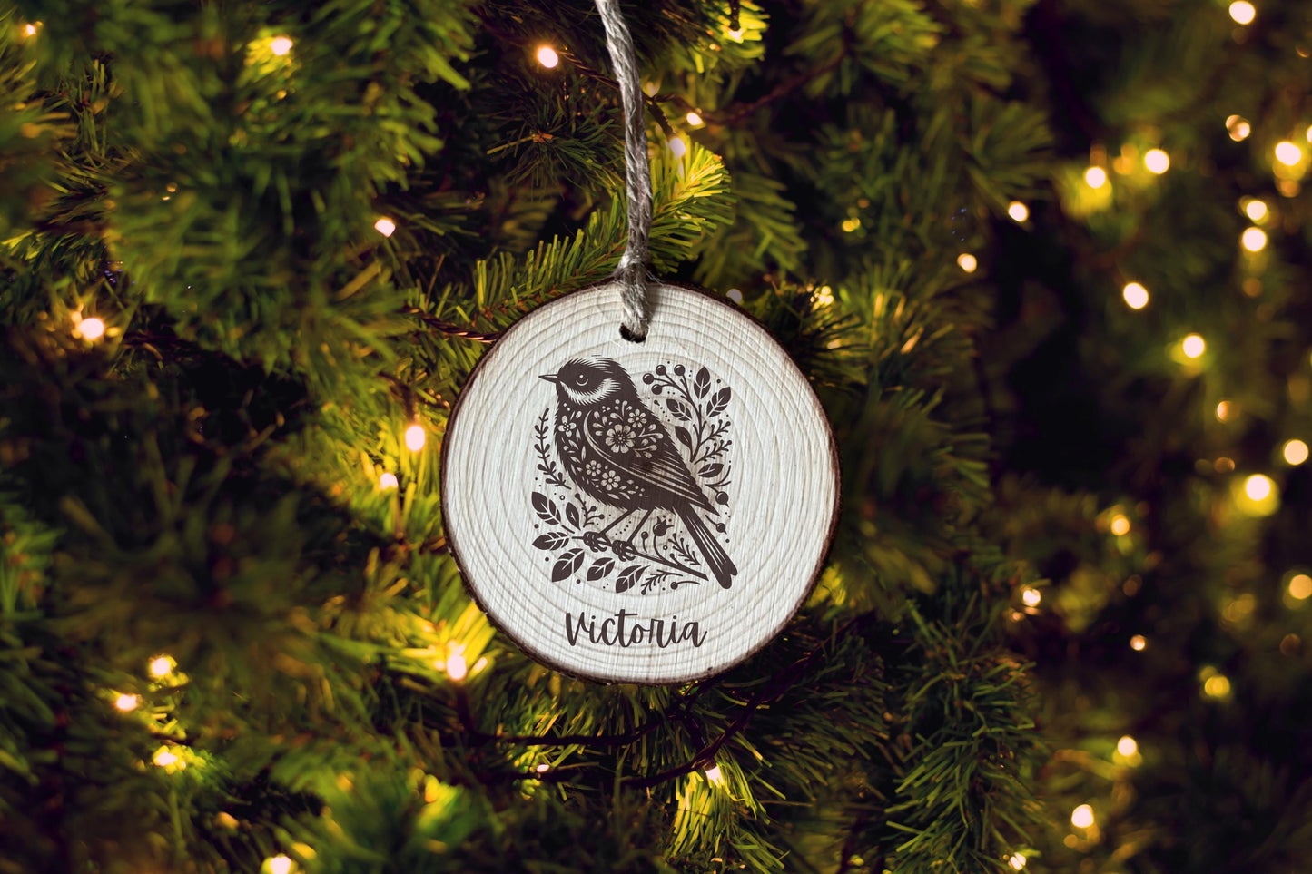 Personalized Floral Bird Wood Slice Ornament: Laser Engraved Rustic Decor
