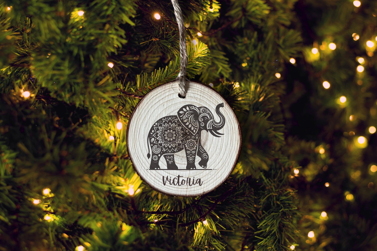 Personalized Floral Mandala Elephant Wood Slice Ornament: Laser Engraved Rustic Decor