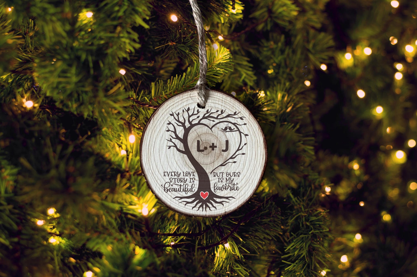 Personalized Engraved Rustic Wood Slice Ornament: Couples Love Keepsake