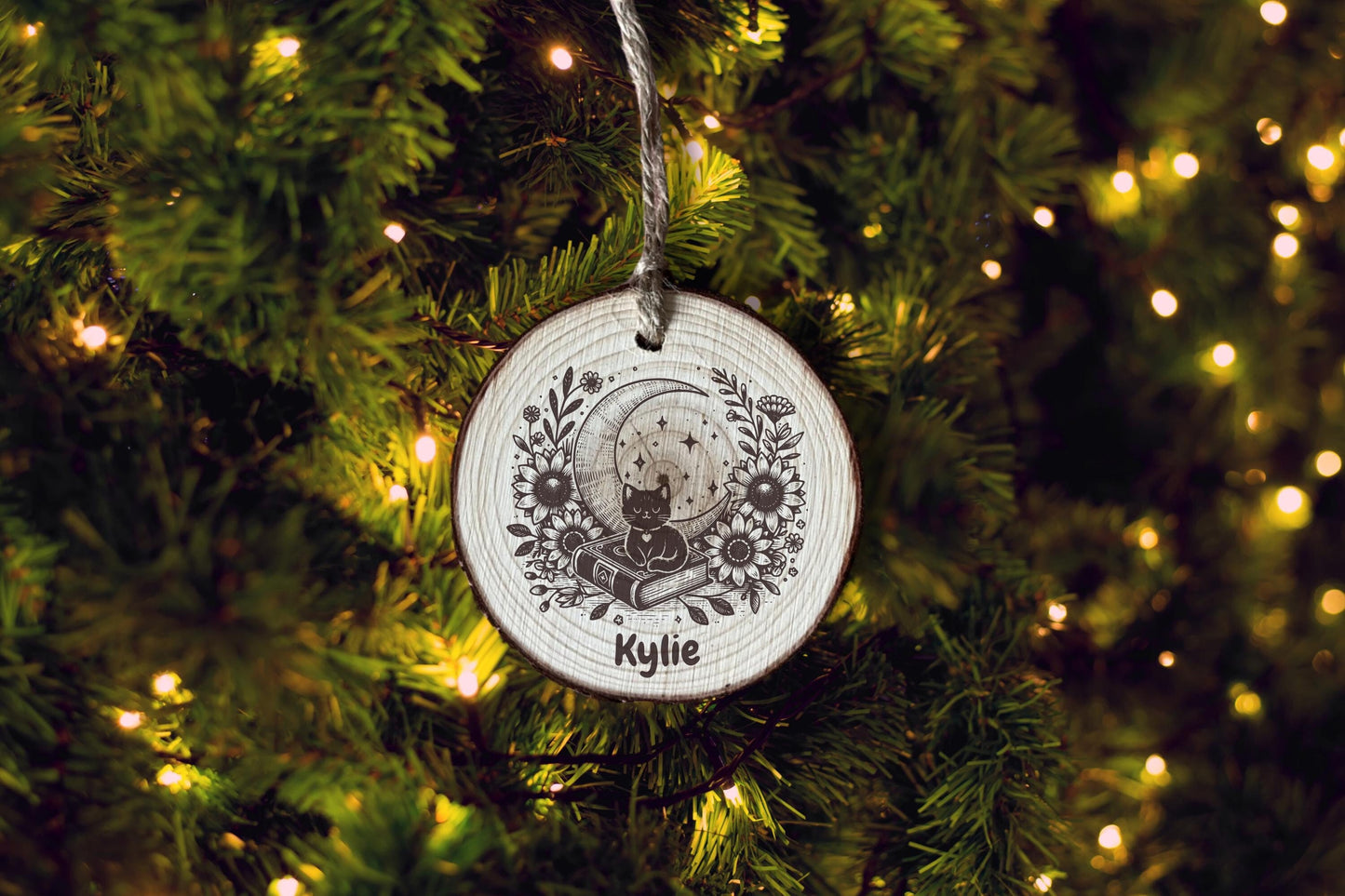 Celestial Cat Wood Slice Ornament: Personalized Laser Engraved Gift