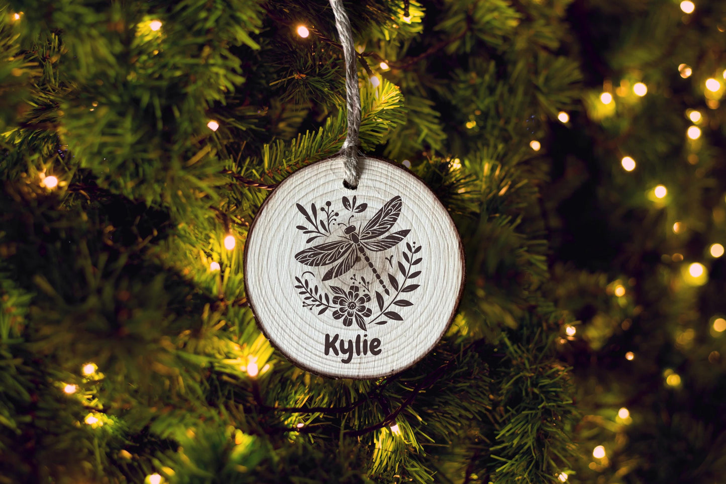 Personalized Floral Dragonfly Wood Slice Ornament: Laser Engraved Rustic Decor