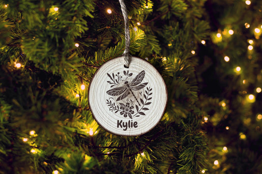 Personalized Floral Dragonfly Wood Slice Ornament: Laser Engraved Rustic Decor