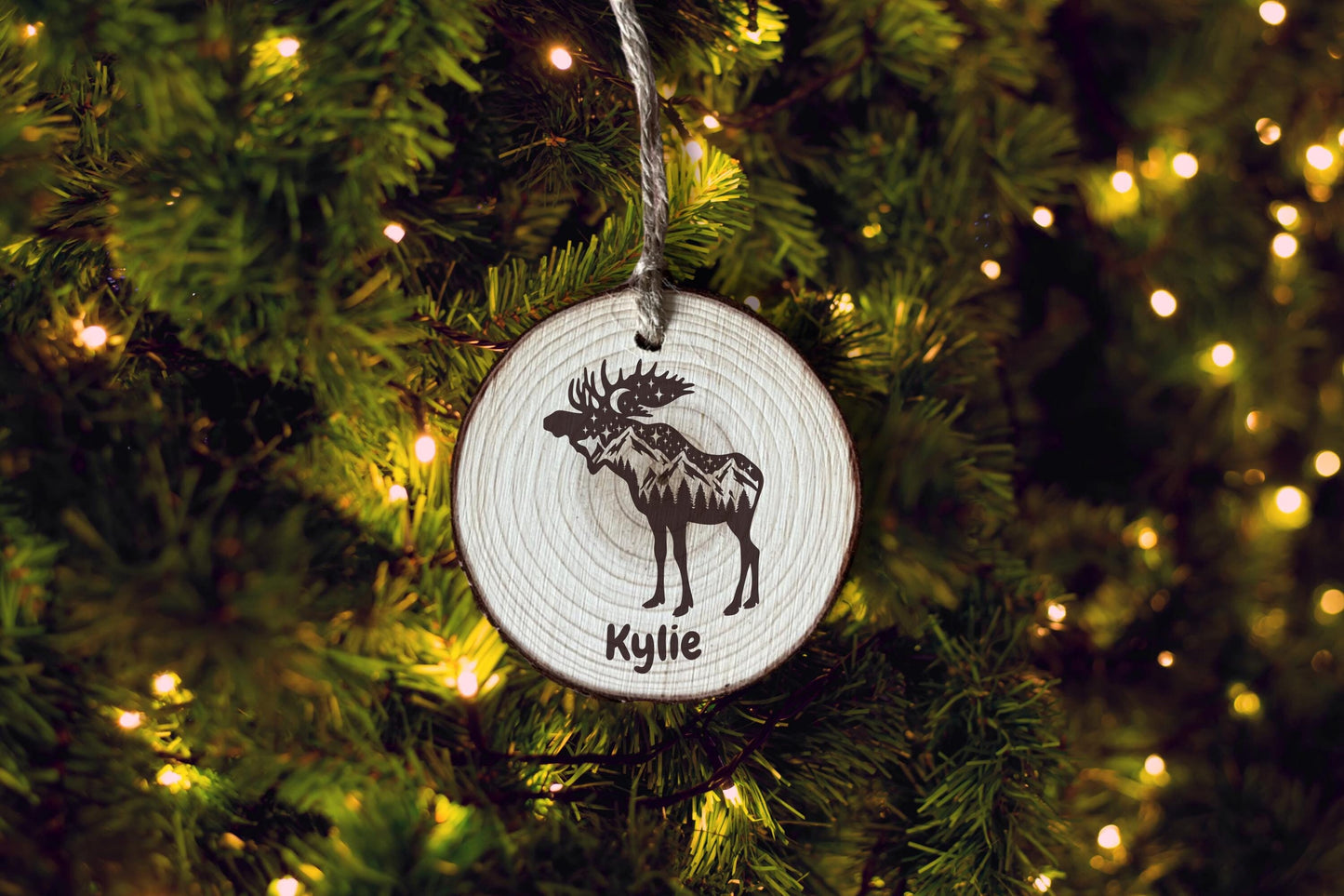 Engraved Moose Wood Slice Ornament: Personalized Rustic Christmas Decor