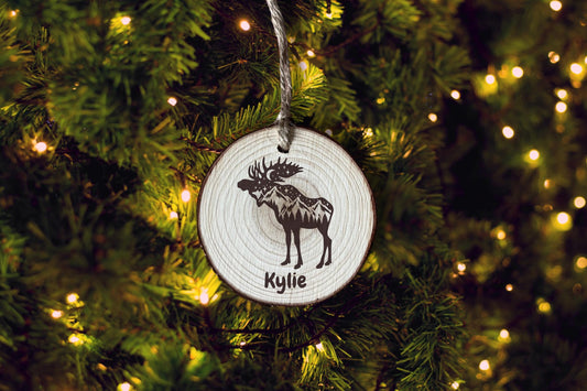 Engraved Moose Wood Slice Ornament: Personalized Rustic Christmas Decor