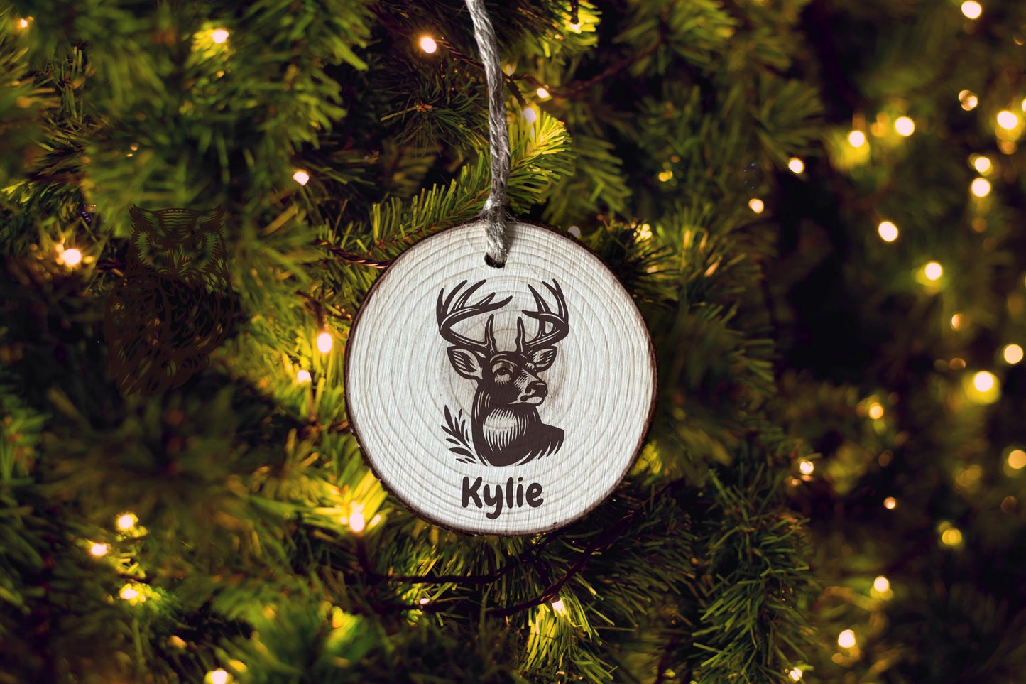 Engraved Deer Head Wood Slice Ornament, Personalized Christmas Gift