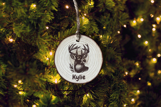 Engraved Deer Head Wood Slice Ornament, Personalized Christmas Gift