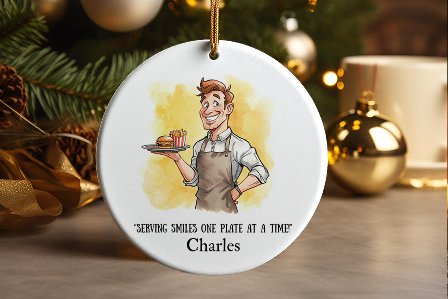 Waitress Waiter Ornament, Serving Smiles, Holiday Keepsake Gift for Servers