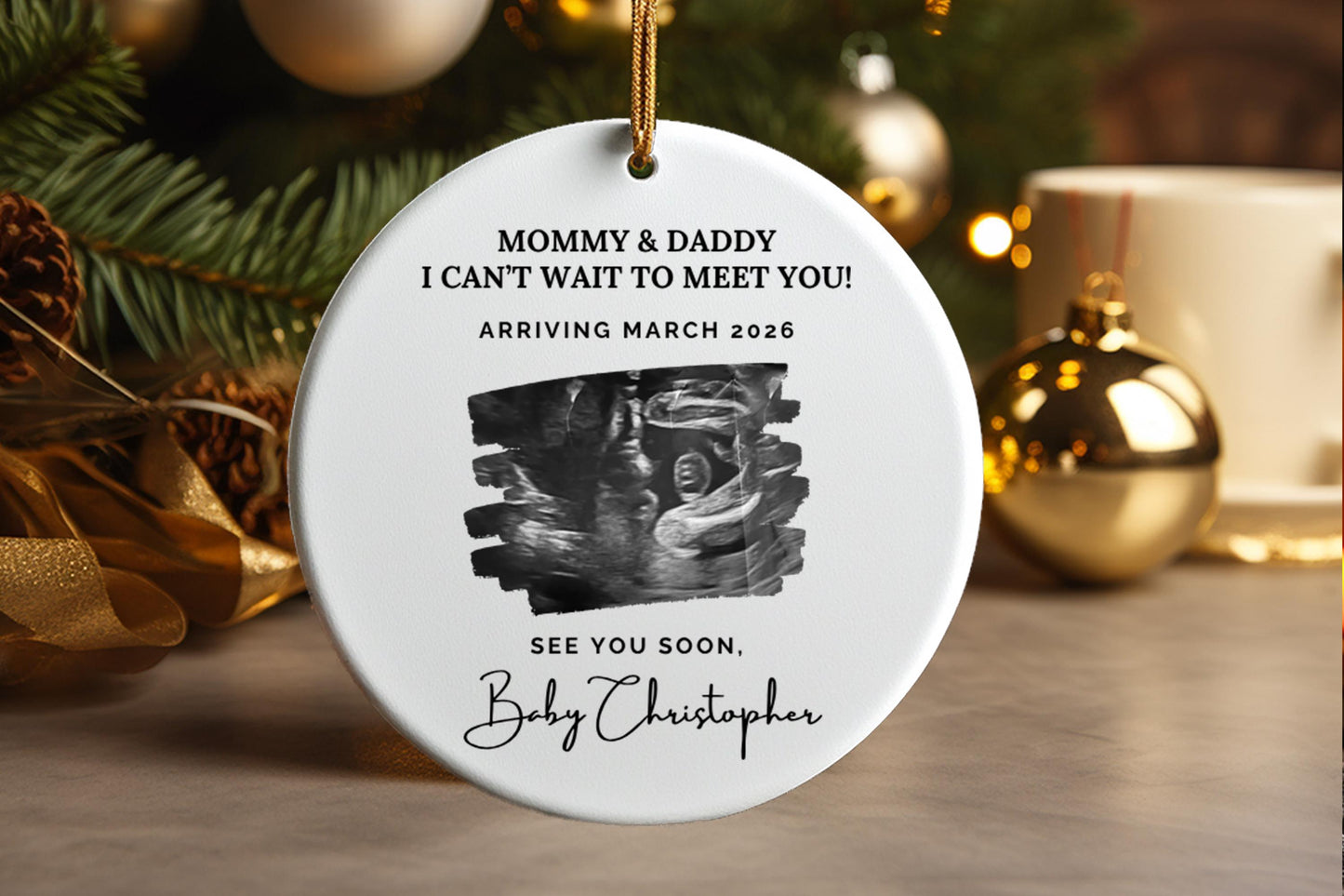 Ultrasound Photo Ornament | Pregnancy Announcement Christmas Gift | Mommy & Daddy See You Soon Keepsake
