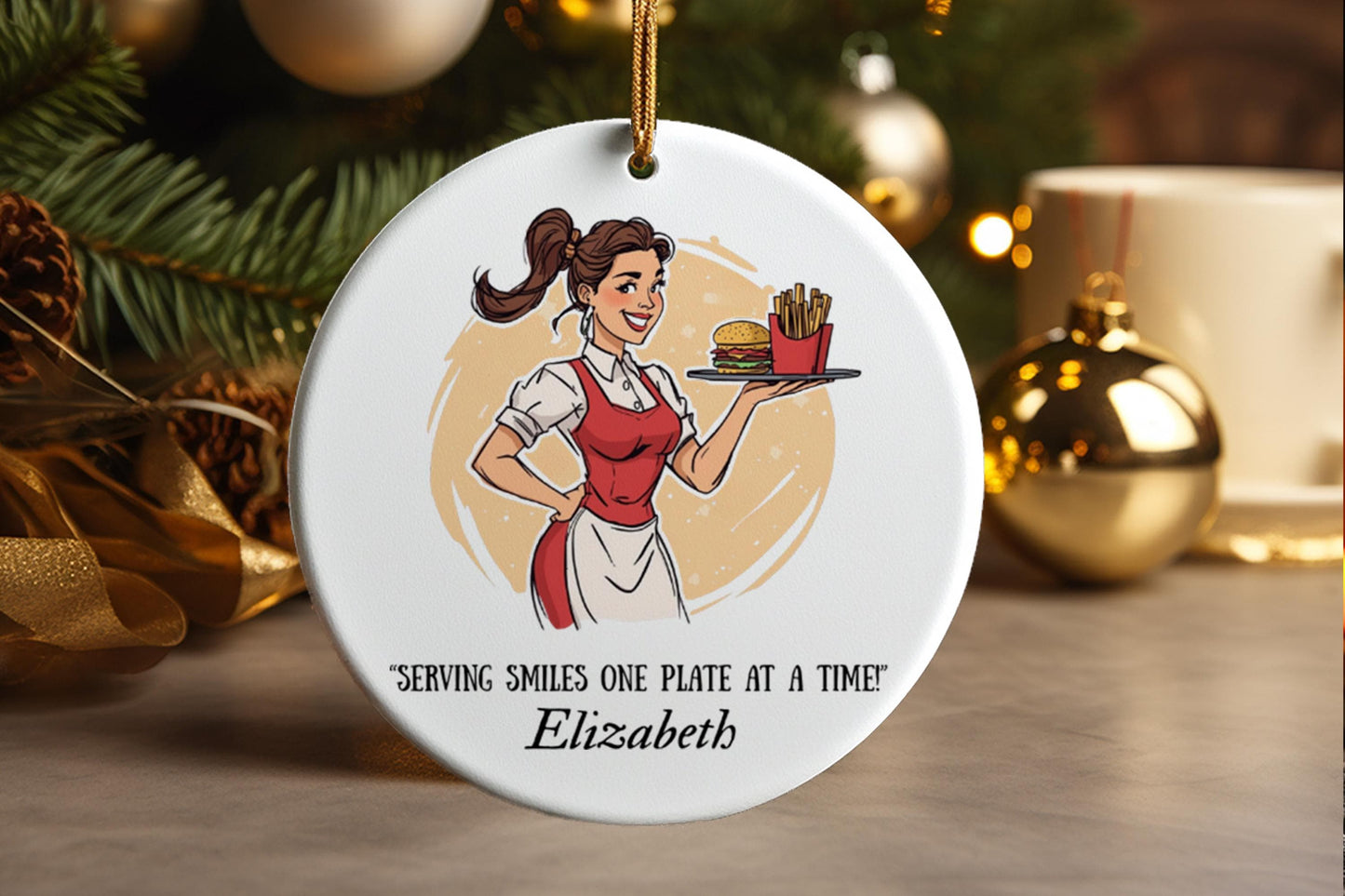 Waitress Waiter Ornament, Serving Smiles, Holiday Keepsake Gift for Servers