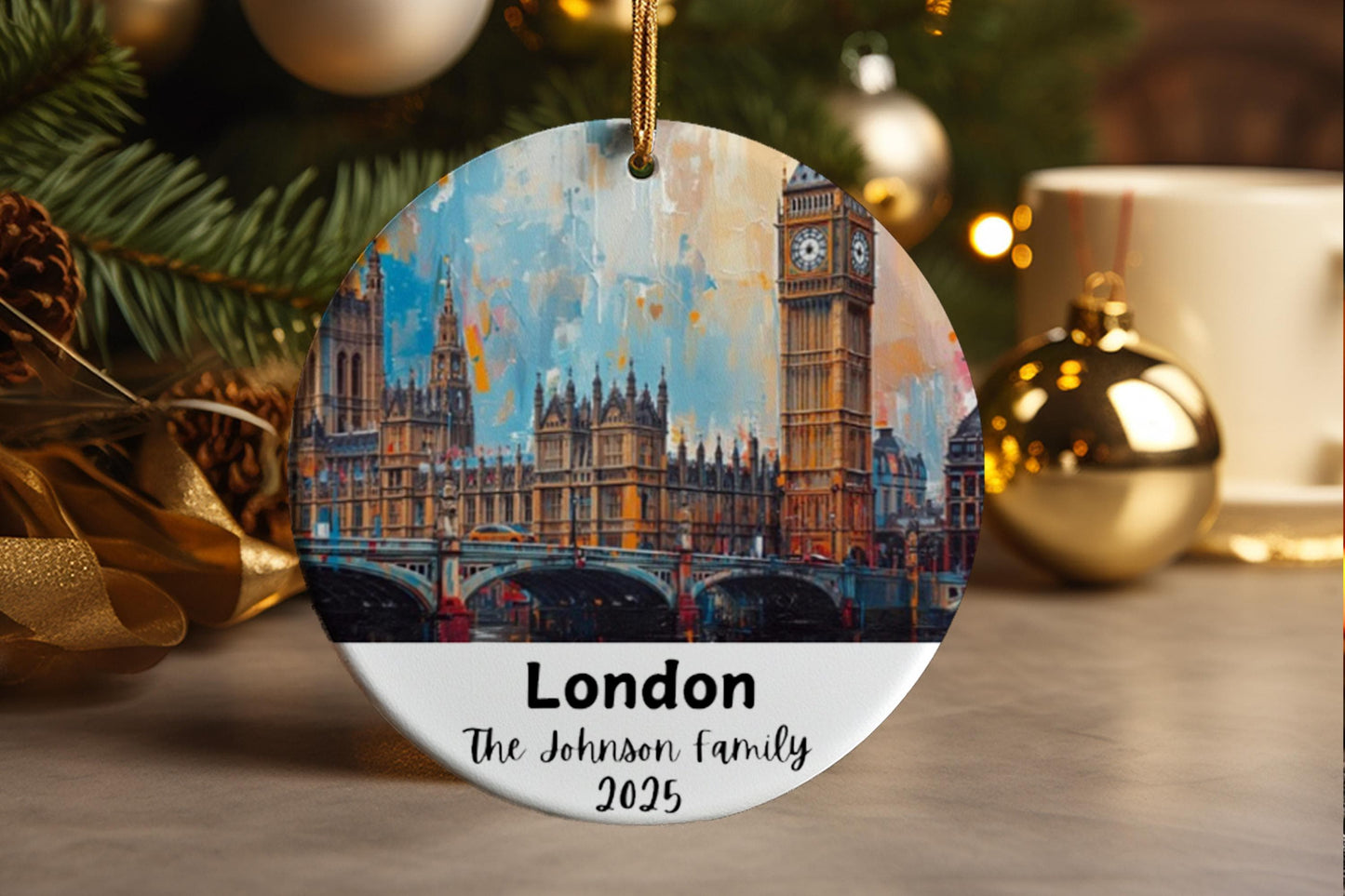 London UK Ceramic Ornament: Custom Illustrated Travel Souvenir Personalized Keepsake