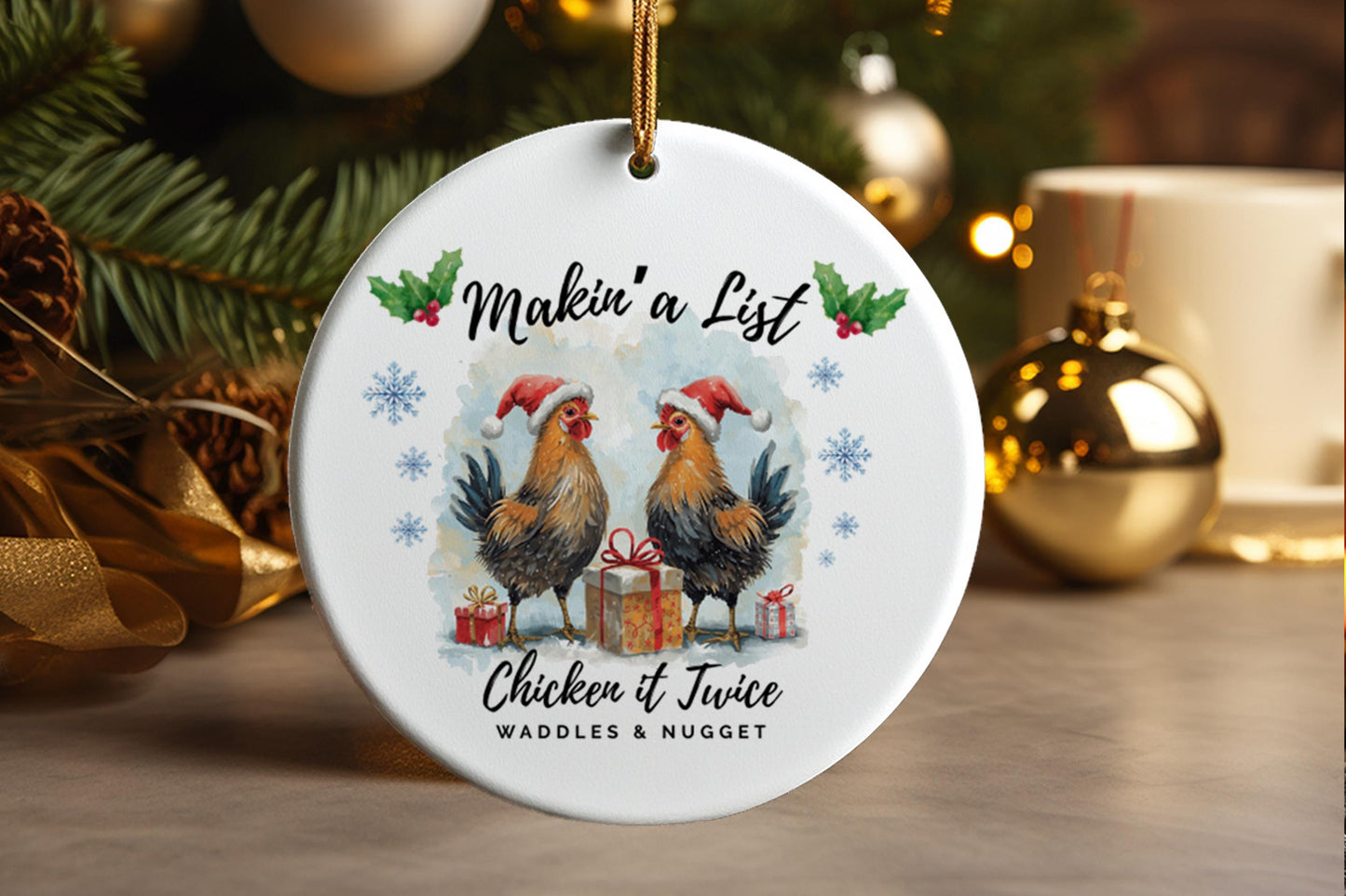Christmas Chickens Making a List Checking it Twice Funny Farm Ornament Personalized Hen Humor Gift