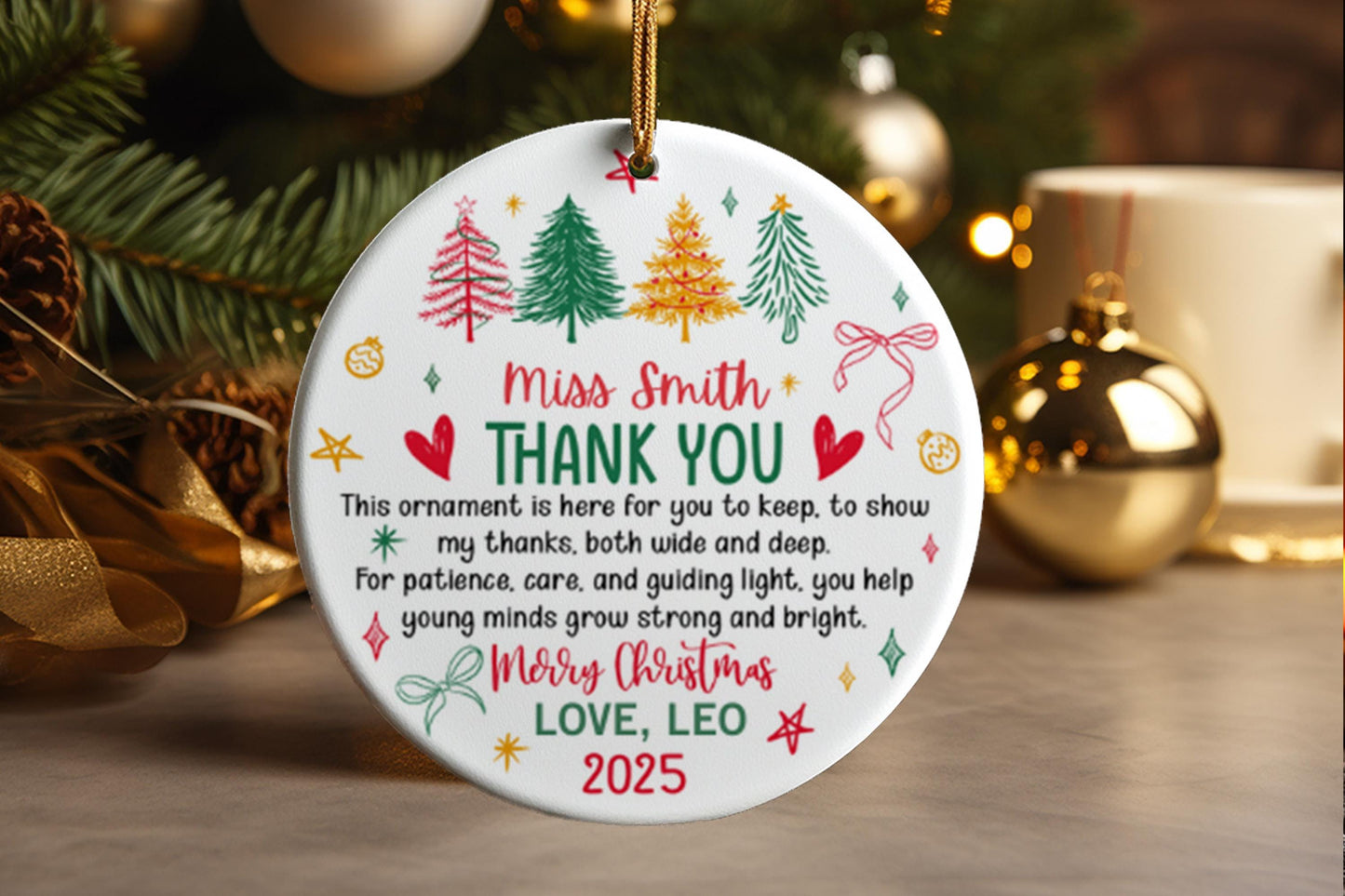 Custom Teacher Ornament Personalized Christmas 2025 Appreciation Keepsake Thank-You Gift Classroom Holiday Decor