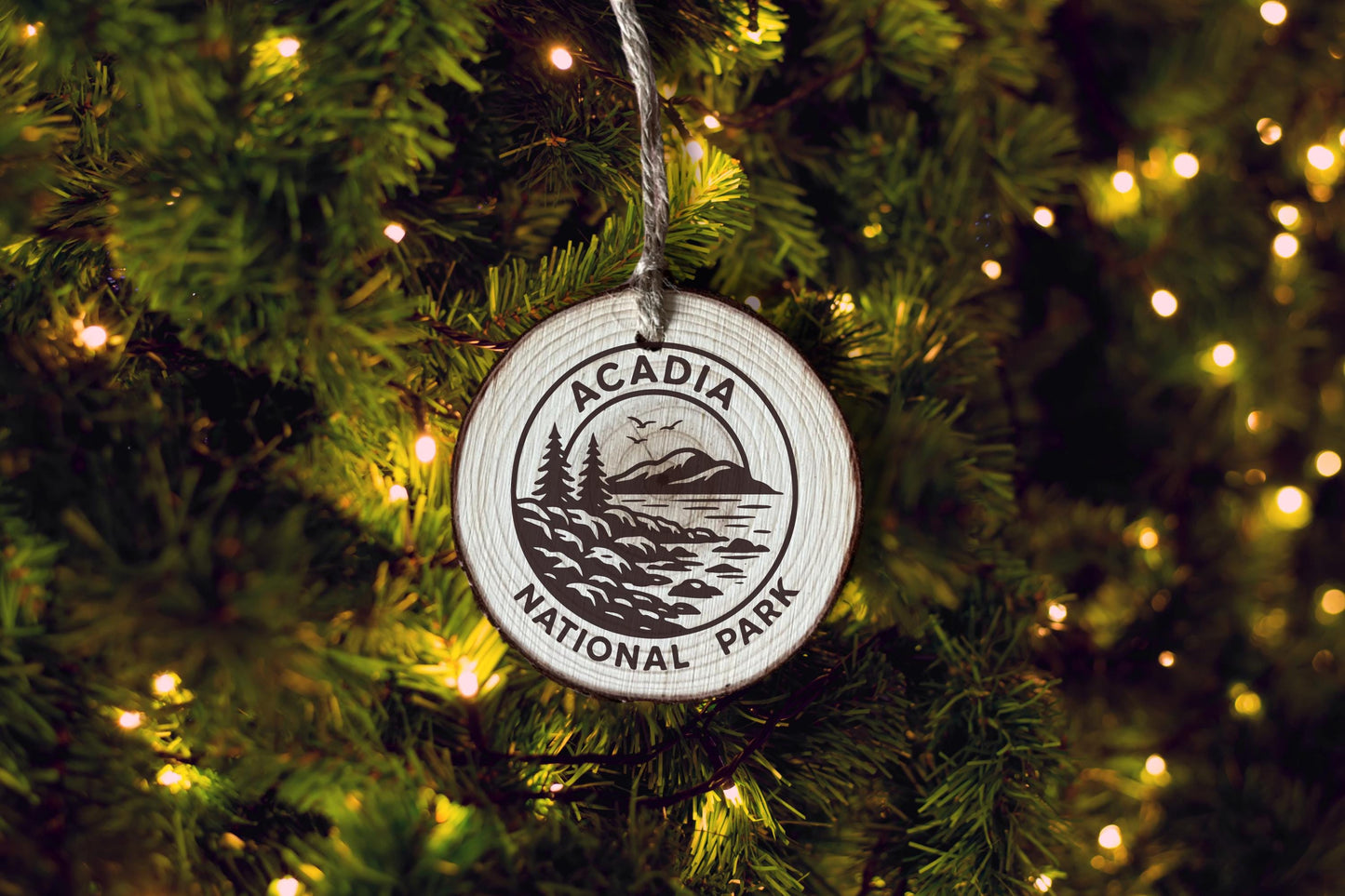 Rustic Wood Slice Ornament: Acadia National Park Keepsake, Personalized Gift