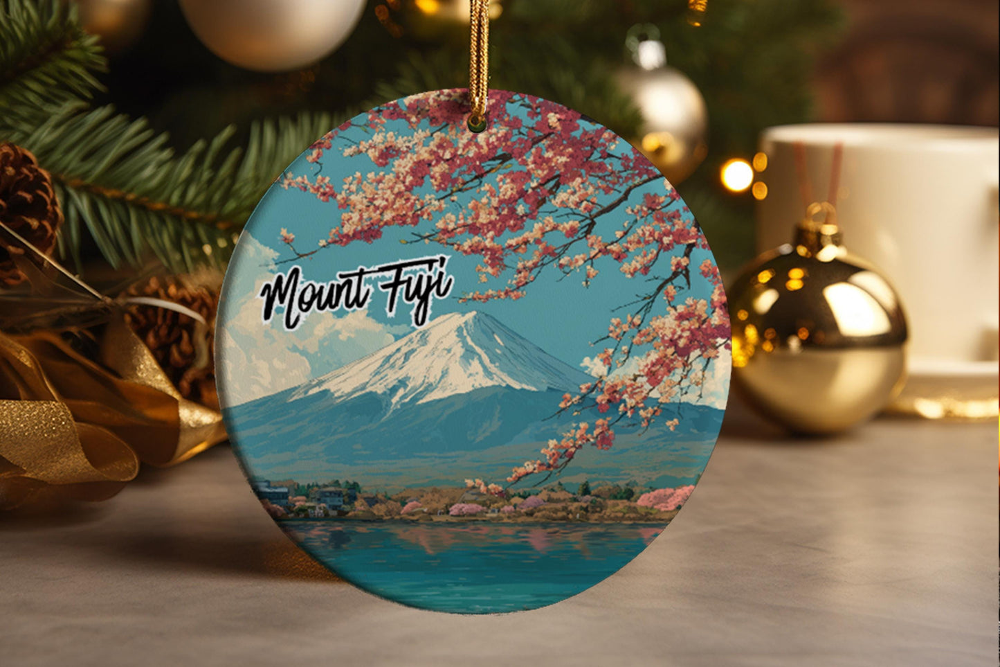 Mount Fuji Sakura Ornament Japanese Asia Landscape Holiday Decor Cherry Blossom Travel Souvenir