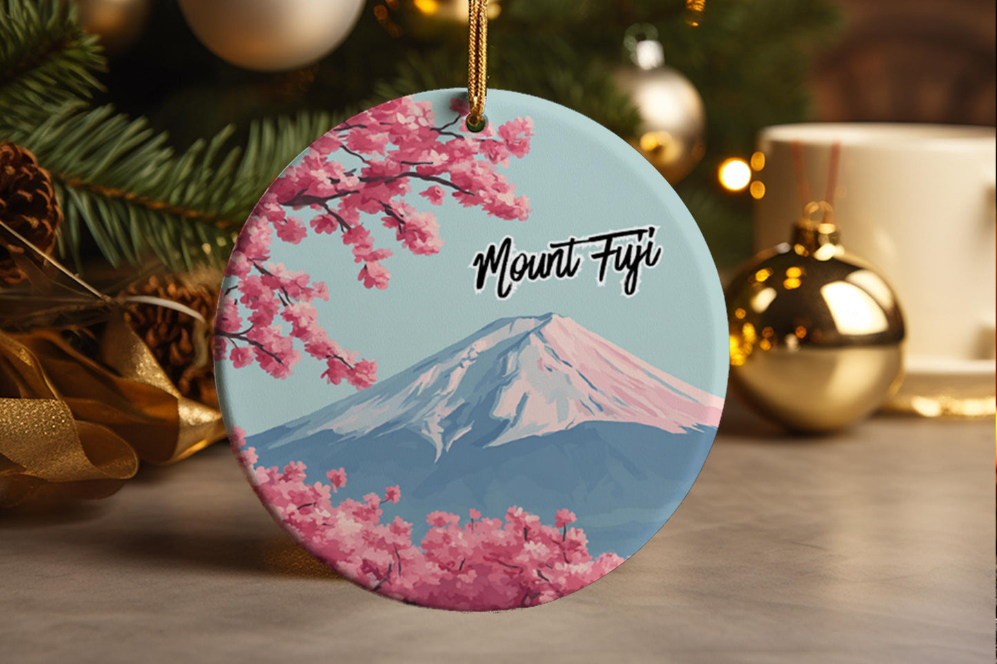 Mount Fuji Sakura Ornament Japanese Asia Landscape Holiday Decor Cherry Blossom Travel Souvenir