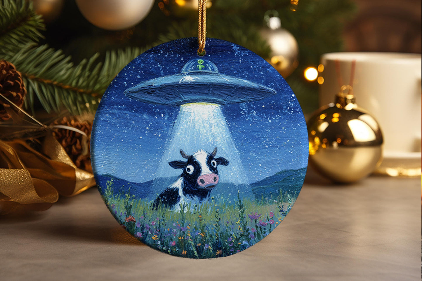 Cow Alien Abduction Ornament – Whimsical UFO Farm Animal Christmas Tree Decoration