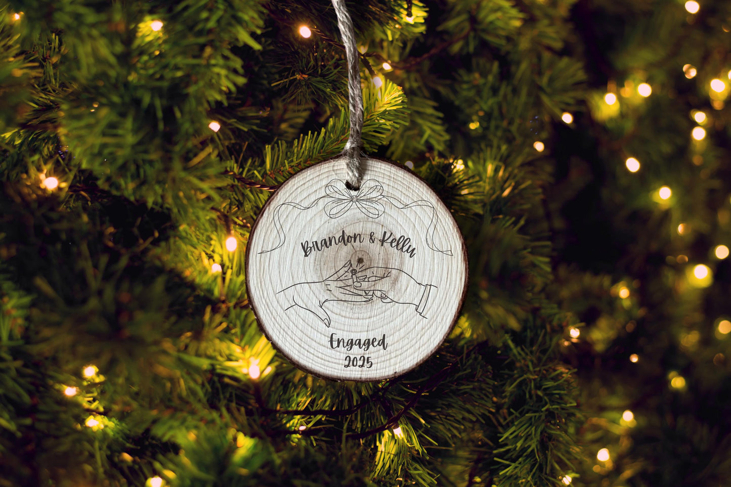 Personalized Wood Slice Engagement Ornament, Custom Names, Our First Christmas Engaged Keepsake