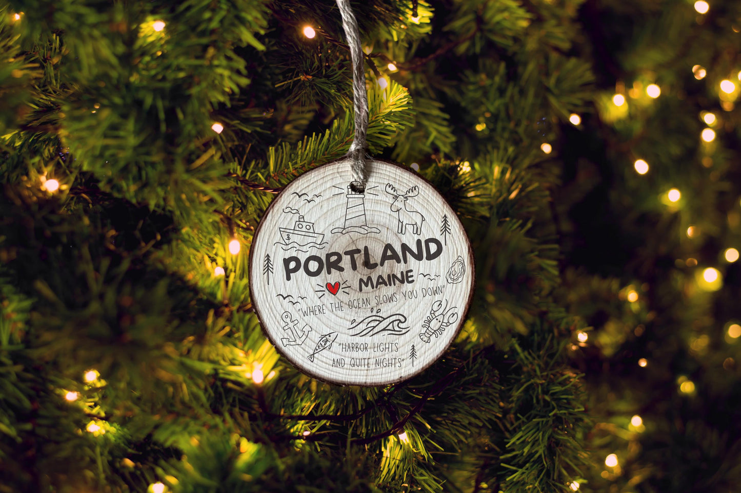 Personalized Portland Maine Wood Ornament, Custom Couples Gift, Wedding Keepsake
