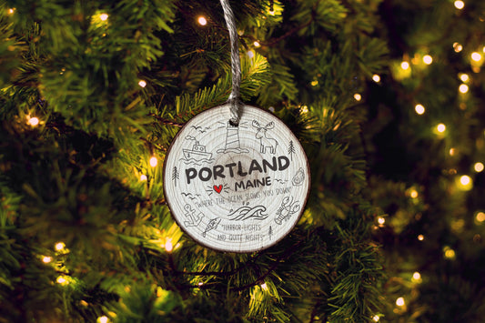 Personalized Portland Maine Wood Ornament, Custom Couples Gift, Wedding Keepsake