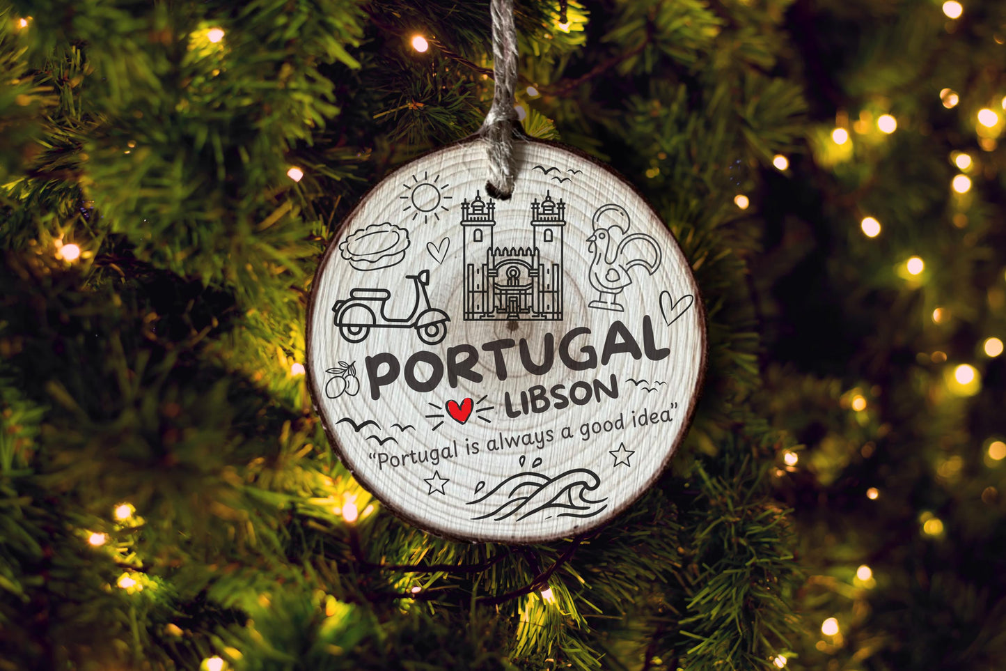 Personalized Portugal Christmas Ornament | Lisbon Travel Souvenir | Laser Engraved Wood Keepsake | Handmade Gift