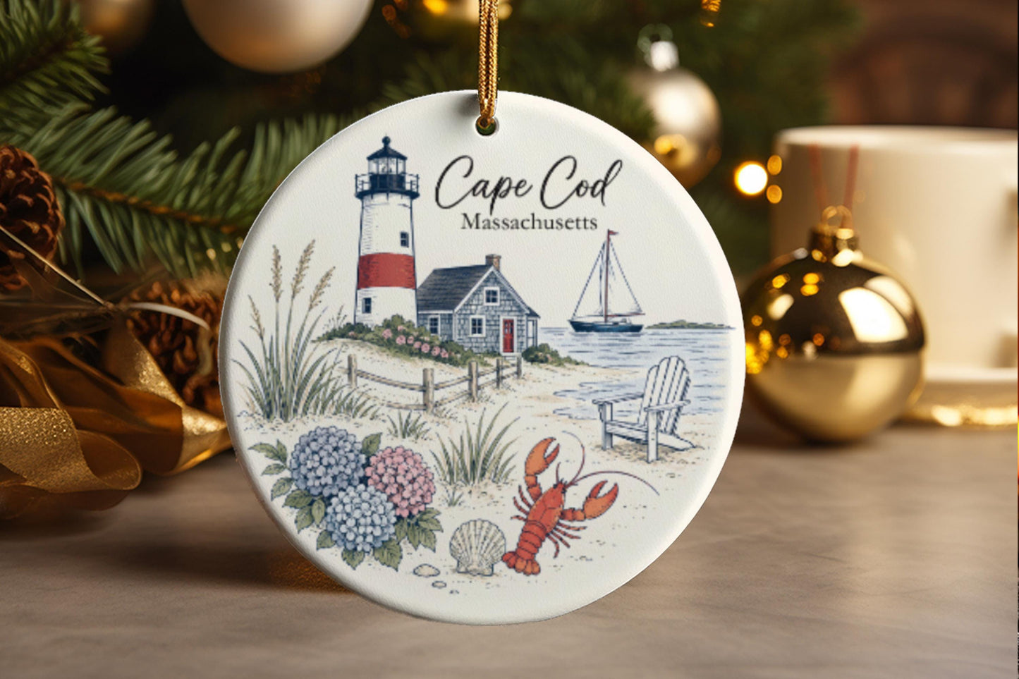 Cape Cod Ceramic Christmas Ornament | Massachusetts Coastal Keepsake | Beach House Decor | New England Souvenir | Ocean Lover Gift