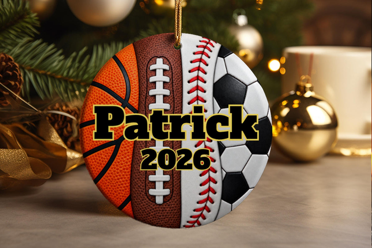 Multi-Sport Christmas Ornament, Soccer Baseball Basketball Football Player Personalized Gift