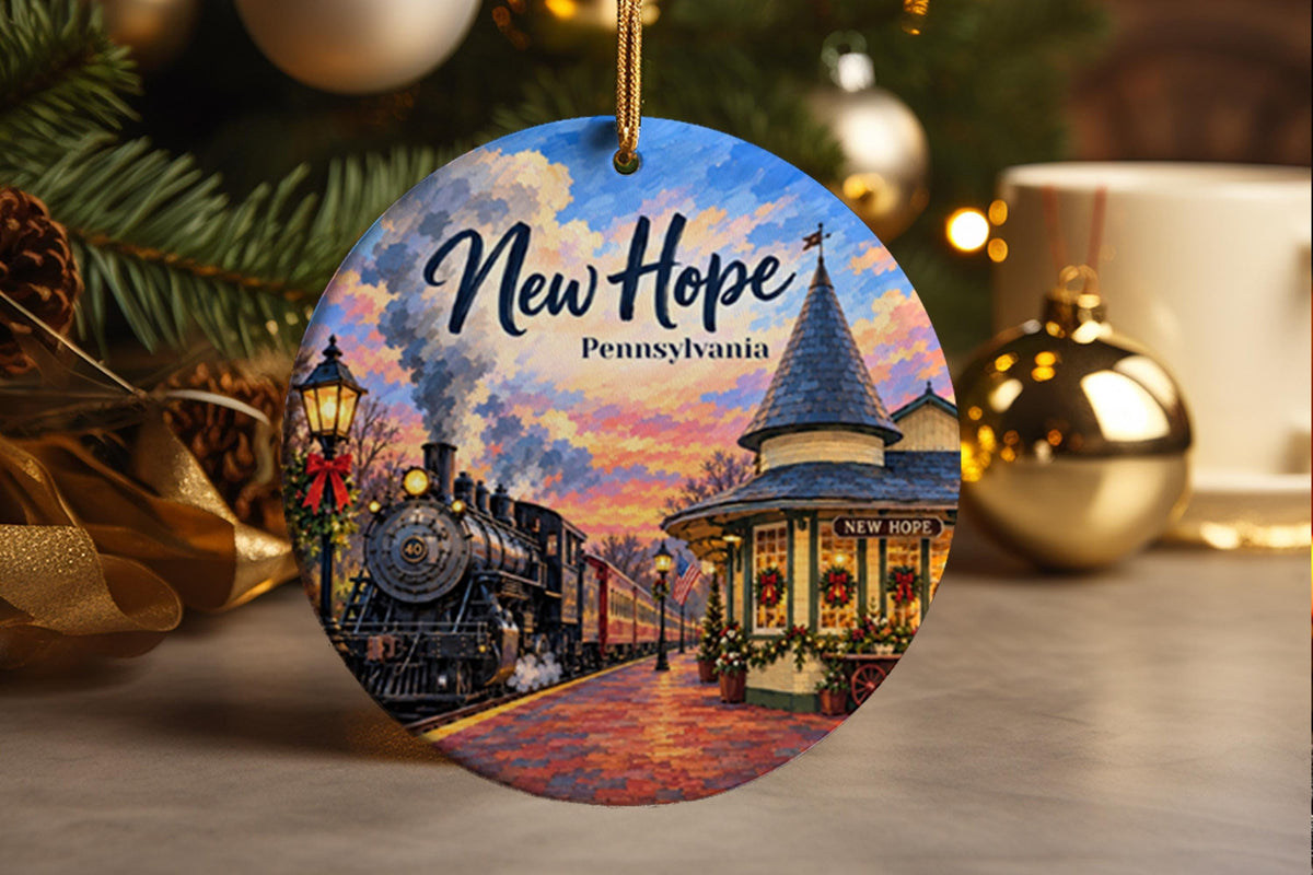 New Hope Pennsylvania Christmas Ornament, Bucks County Travel Souvenir, Scenic Railroad Ceramic Keepsake