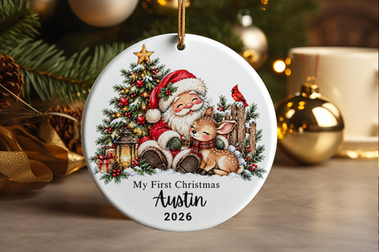 Personalized Baby’s First Christmas Ornament, Santa Reindeer Ceramic Keepsake, Custom Name Newborn Gift