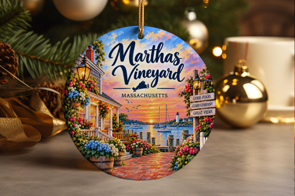Martha’s Vineyard Christmas Ornament, Massachusetts Island Travel Souvenir, Coastal Ceramic Keepsake, New England Gift