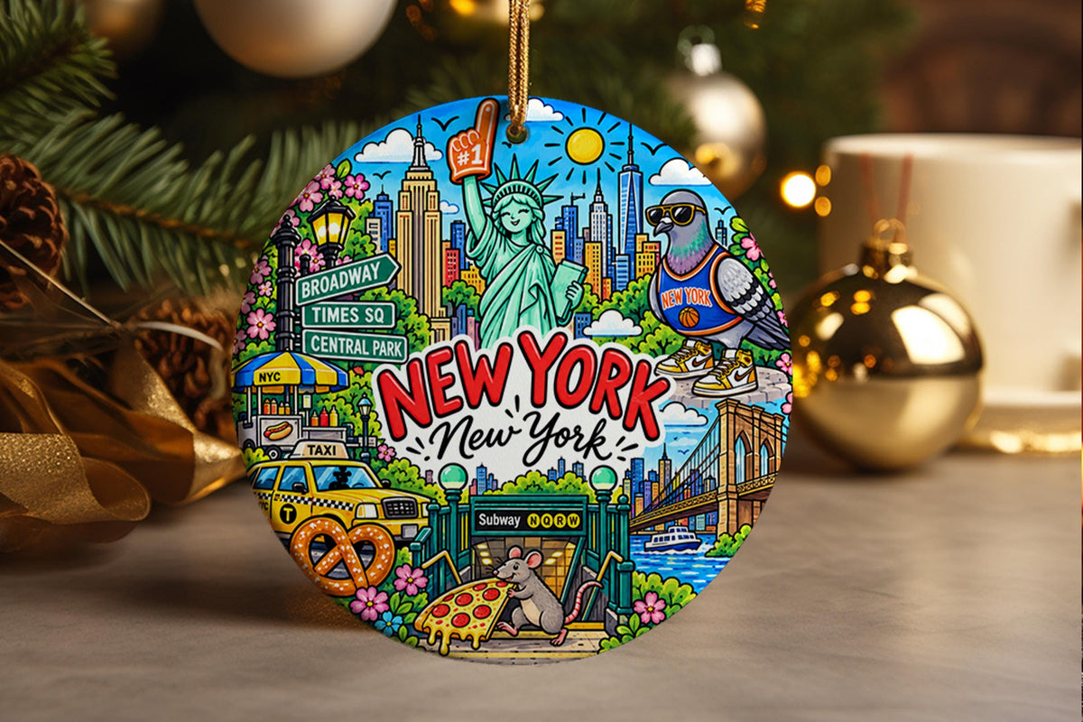 New York City Christmas Ornament, NYC Pizza Rat Pigeon Souvenir, Funny Travel Keepsake