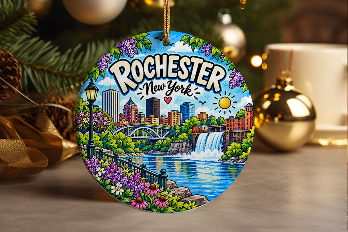 Rochester NY Christmas Ornament, New York Skyline, Genesee River Waterfalls, Upstate Travel Souvenir Gift
