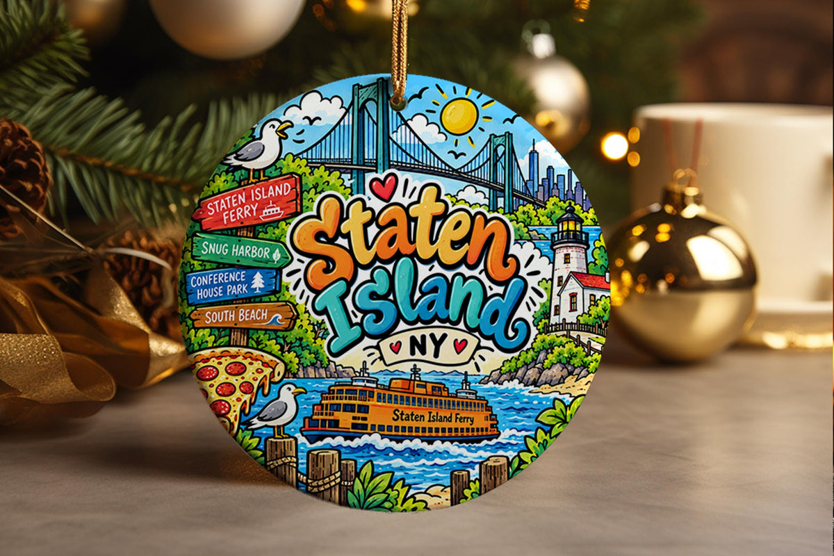 Staten Island NY Christmas Ornament, New York Ferry, Verrazzano Bridge, NYC Travel Souvenir Gift