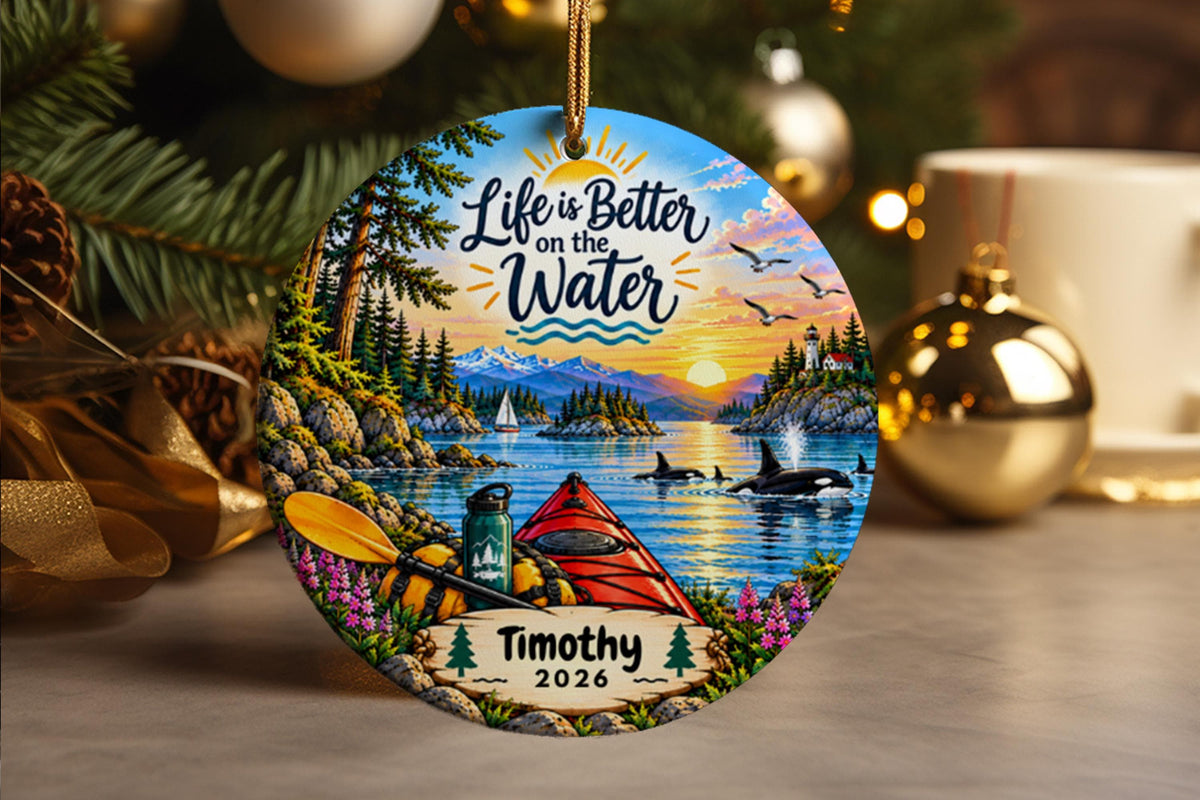 Personalized Kayaking Christmas Ornament, Kayaker Gift, Orca Whale, San Juan Islands Adventure Keepsake