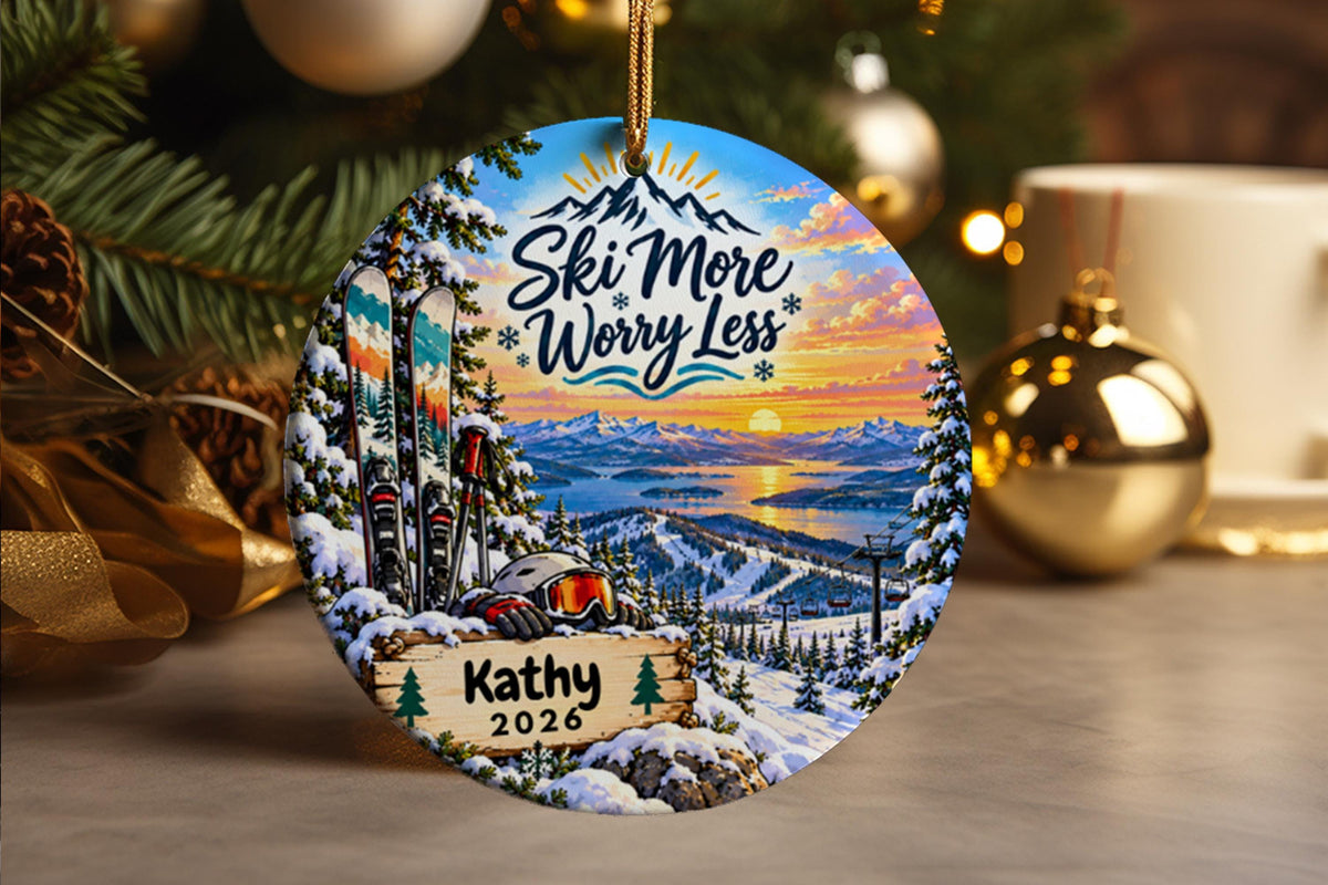 Personalized Skiing Christmas Ornament, Ski More Worry Less, Skier Gift, Winter Sports Keepsake