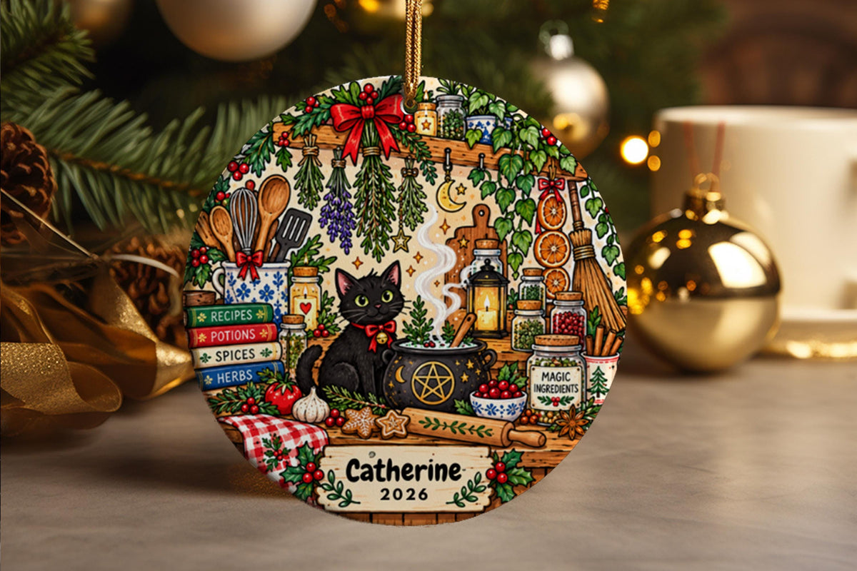 Personalized Kitchen Witch Ornament, Black Cat Christmas Decor, Witchy Kitchen Gift