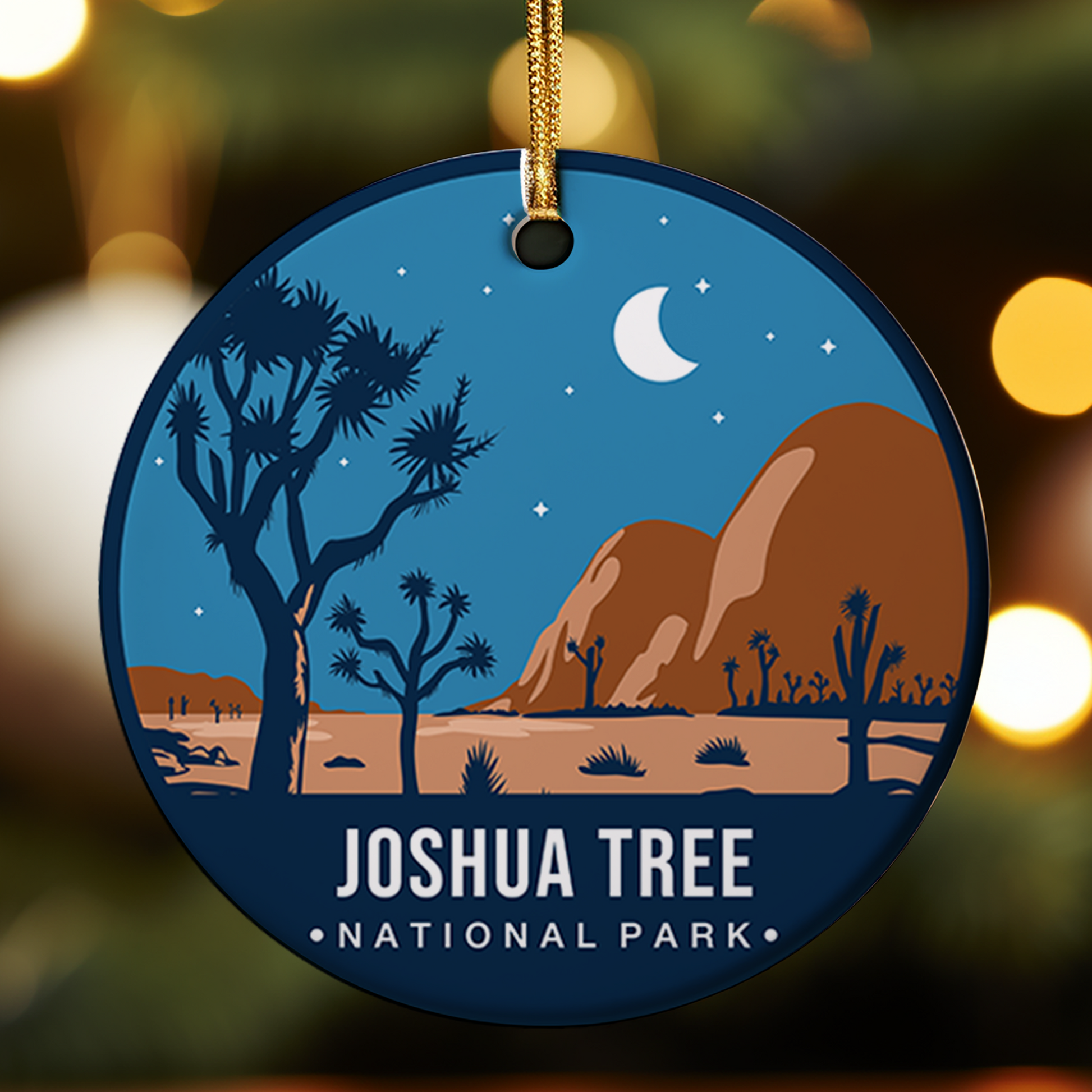 Ornament with Joshua Tree National Park design on a blurred festive background