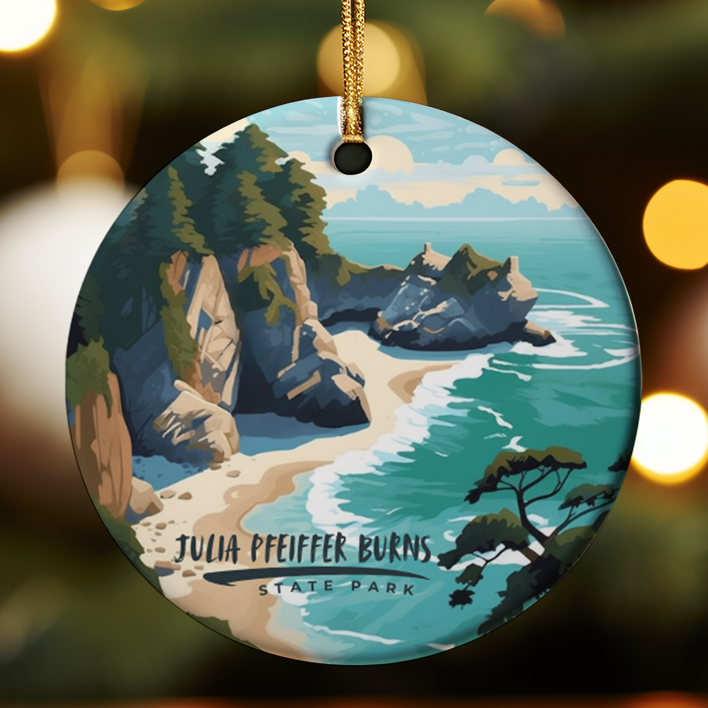 Round ornament with a scenic design of a lake and trees, featuring 'Julia Pfeiffer Burns State Park'.