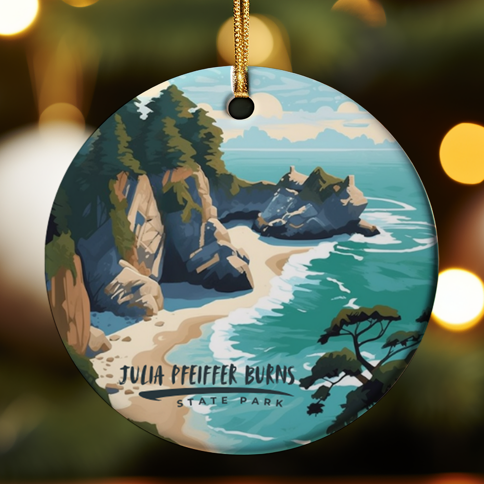 Round ornament with a scenic design of a lake and trees, featuring 'Julia Pfeiffer Burns State Park'.