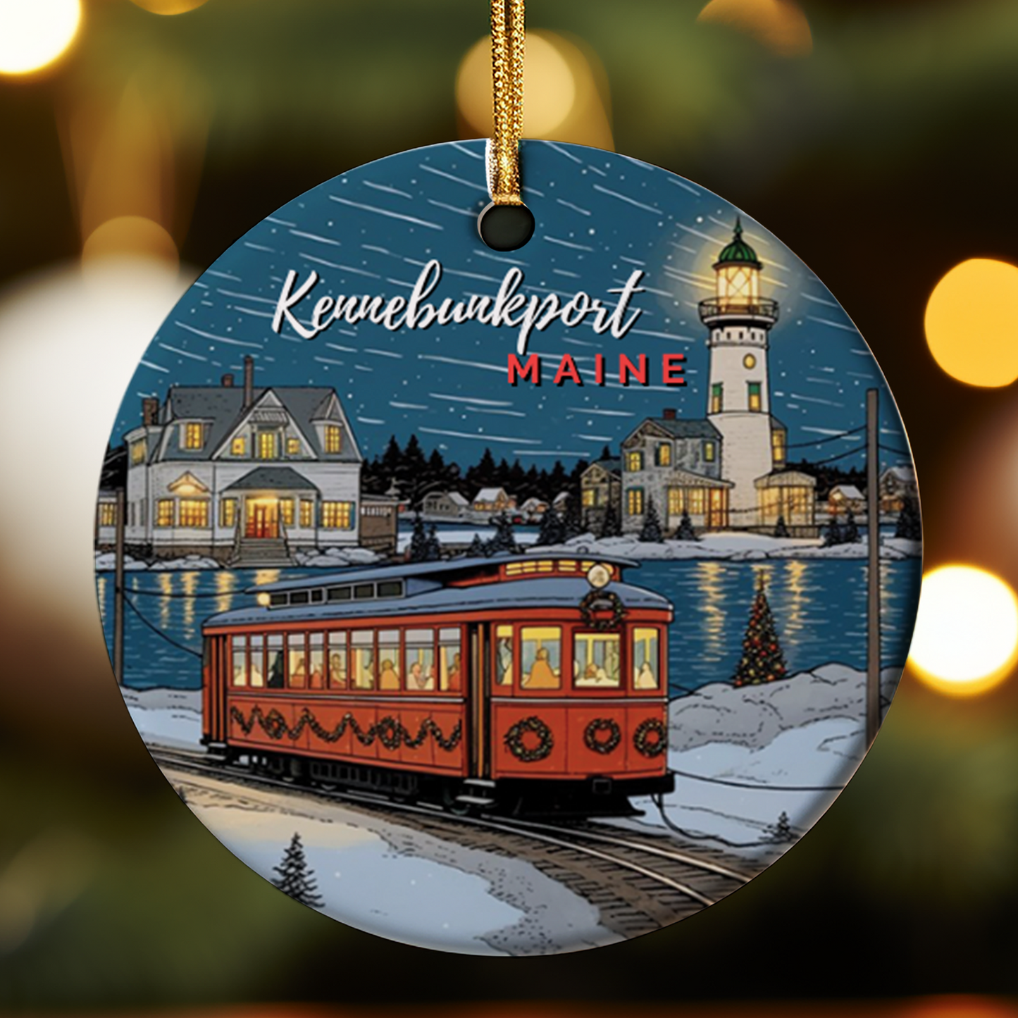 Decorative ornament with a winter scene of a train, houses, and lighthouse in Kennebunkport, Maine.